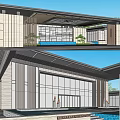 Modern Sales Office Building Design With Contemporary Roof Large Glass Windows And Stone Walls