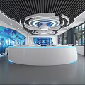 School Modern Tech Inspired Learning Space With Circular Ceiling Design And Blue Decor 3d model