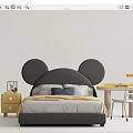 Gray Kids Bed with Mickey Mouse Ears Design Yellow Nightstand and Desk