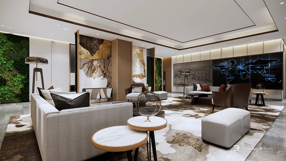 Modern Lounge Area With Comfortable Sofa Round Coffee Tables And Decorative Elements 3d model