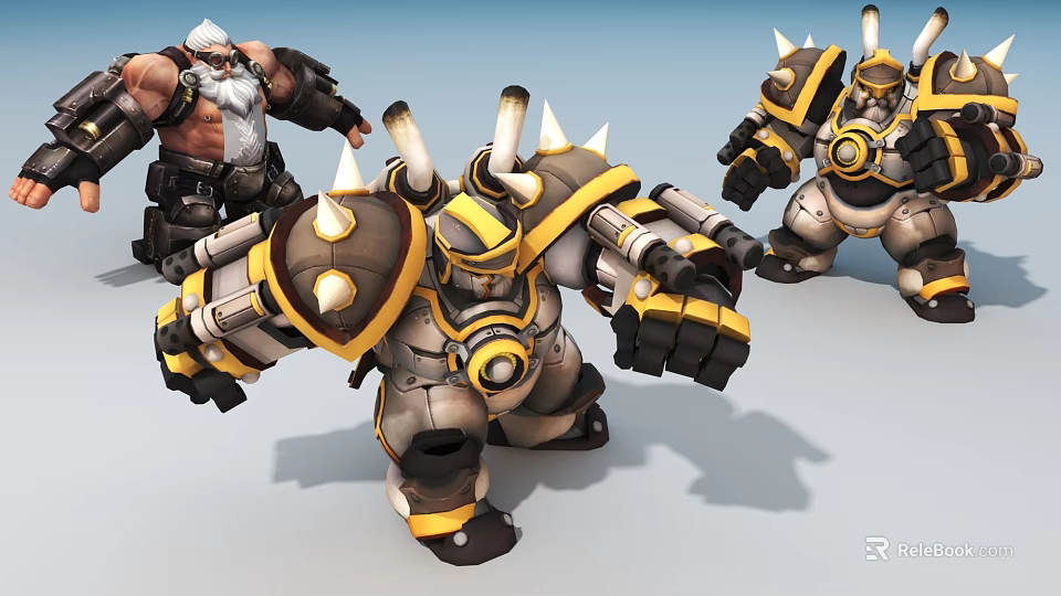 Mech Style Game Characters in Yellow Gray Armor With Spikes and Pipes 3d model 