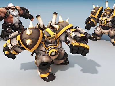 Mech Style Game Characters in Yellow Gray Armor With Spikes and Pipes 3d model