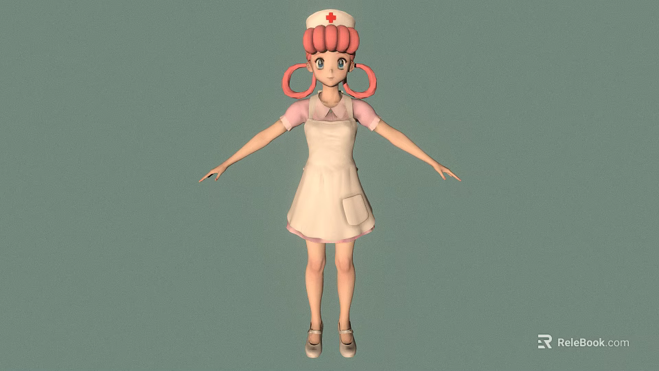 Cartoon Nurse Character With Pink Pigtails Red Cross Hat And White Apron On Green Background 3d model 