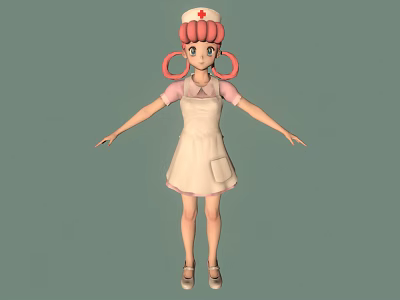 Cartoon Nurse Character With Pink Pigtails Red Cross Hat And White Apron On Green Background 3d model