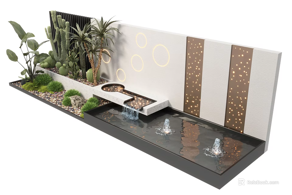 Modern Feature Wall With Water Fountain Cacti Palm Trees And Circular Patterns 3d model