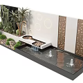 Modern Feature Wall With Water Fountain Cacti Palm Trees And Circular Patterns 3d model