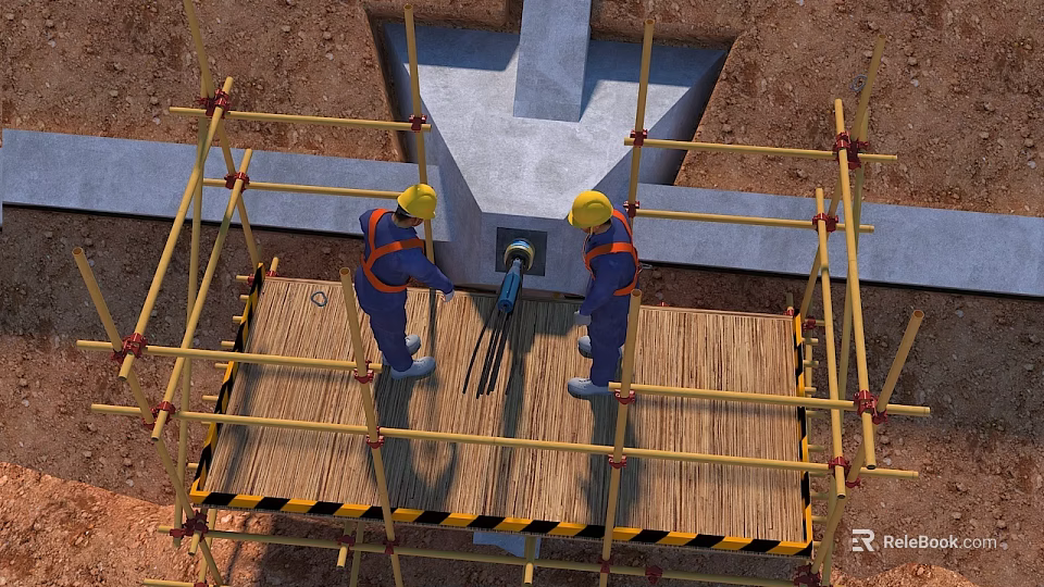 Workers in Yellow Hard Hats Installing Building Components on Construction Scaffolding 3d model