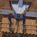 Workers in Yellow Hard Hats Installing Building Components on Construction Scaffolding 3d model