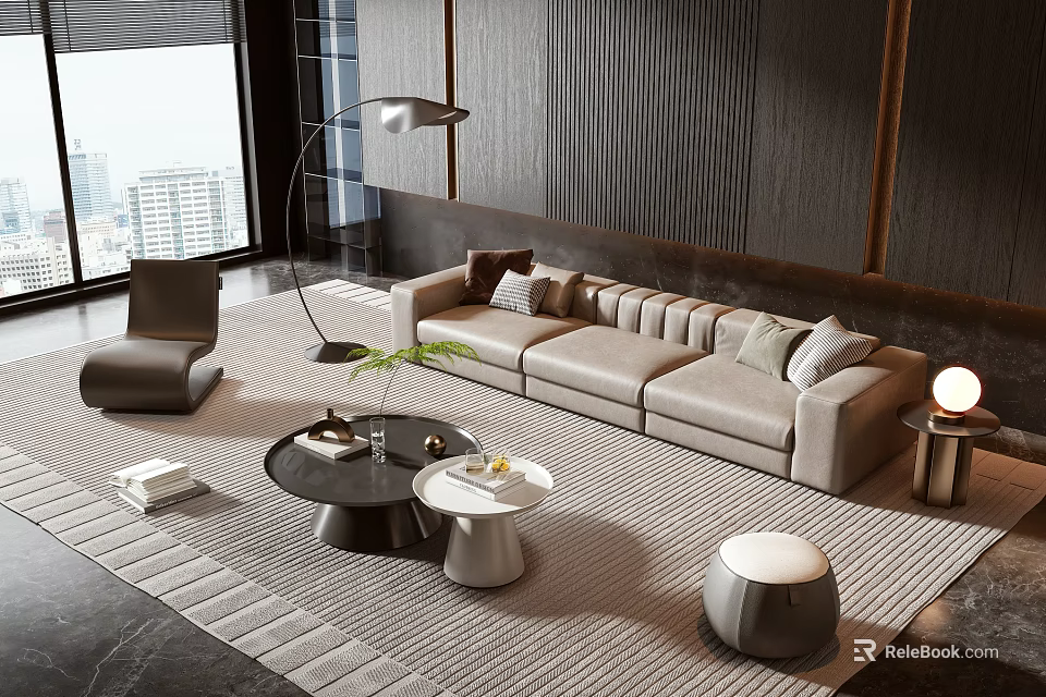 Modern Living Room With Beige Sofa Black Coffee Table Set Floor Lamp And Area Rug 3d model 