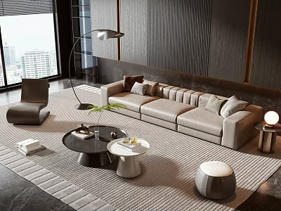 Modern Living Room With Beige Sofa Black Coffee Table Set Floor Lamp And Area Rug 3d model