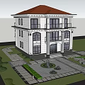 Two Story Detached Villa Exterior Design with White Walls Large Windows and Green Lawn