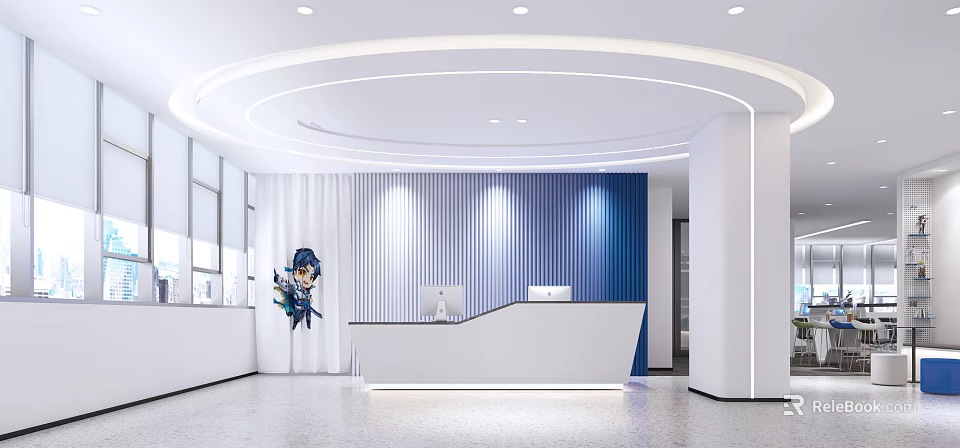 Modern Bright Minimalist Office Reception With Circular Ceiling Lights And Blue Gradient Accent Wall 3d model 