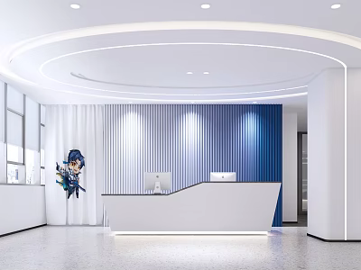 Modern Bright Minimalist Office Reception With Circular Ceiling Lights And Blue Gradient Accent Wall 3d model