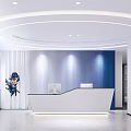 Modern Bright Minimalist Office Reception With Circular Ceiling Lights And Blue Gradient Accent Wall