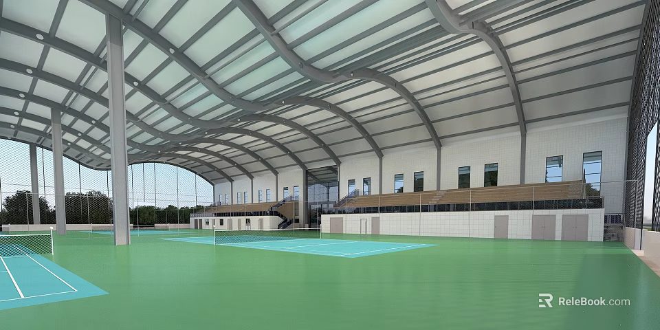 Modern Indoor Sports Fitness Gymnasium With Green Floor Curved Roof And Spectator Seats 3d model 