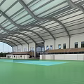Modern Indoor Sports Fitness Gymnasium With Green Floor Curved Roof And Spectator Seats