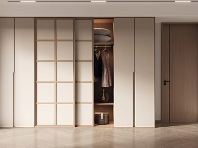 Modern Sliding Door Wardrobe Interior With Hanging Clothes Shelves And Storage Design 3d model