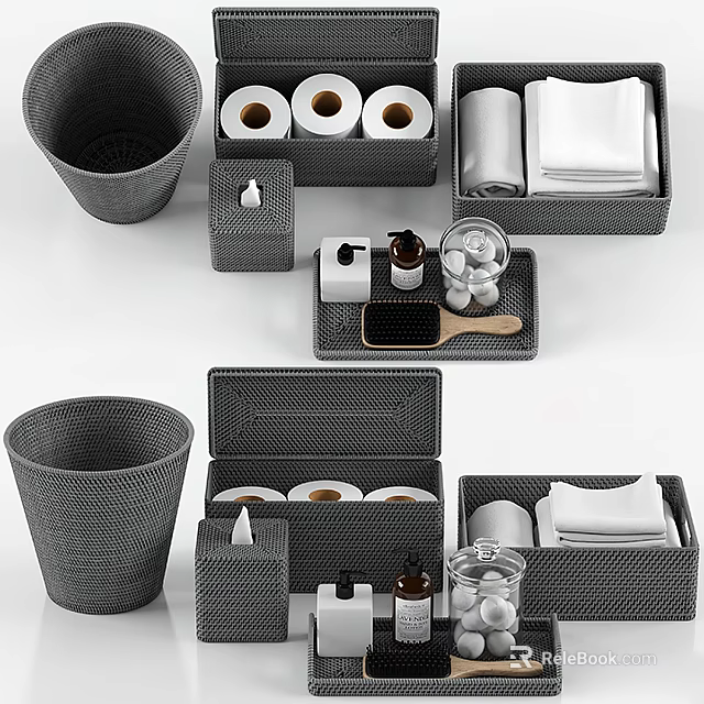 Gray Woven Bathroom Accessories Set With Storage Boxes And Tissue Holders 3d model 