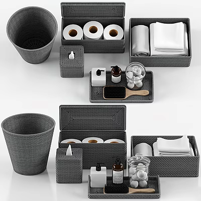Gray Woven Bathroom Accessories Set With Storage Boxes And Tissue Holders 3d model