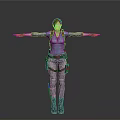 Woman in Blue Tactical Outfit With Utility Belt Backpack Standing Arms Outstretched