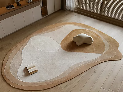 Stylish Irregular Shaped Rug With Brown White Layered Design Wooden Floor White Sculpture And Book 3d model