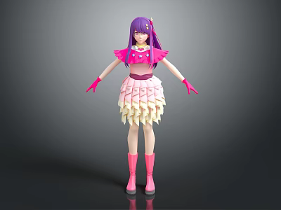 Animated Character With Purple Hair Pink Top Gloves Boots And Layered Skirt Design 3d model