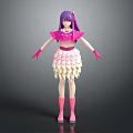 Animated Character With Purple Hair Pink Top Gloves Boots And Layered Skirt Design