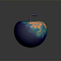 Vibrant Blue And Yellow Apple With Purple Stem And Shiny Surface Design