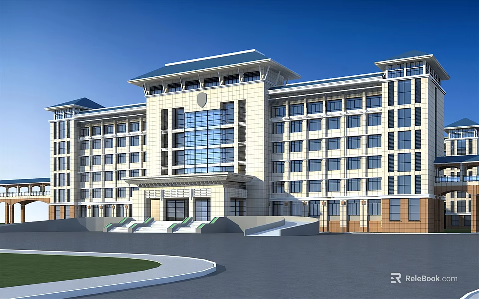 Modern Multi story Office Building With Large Windows And Front Entrance Plaza 3d model 