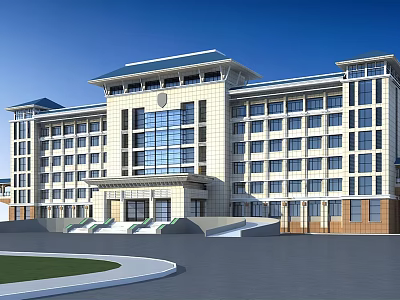 Modern Multi story Office Building With Large Windows And Front Entrance Plaza 3d model