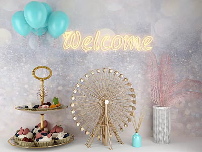 Decorative Ornaments Set With Ferris Wheel Welcome Neon Sign Blue Balloons And Dessert Stand 3d model