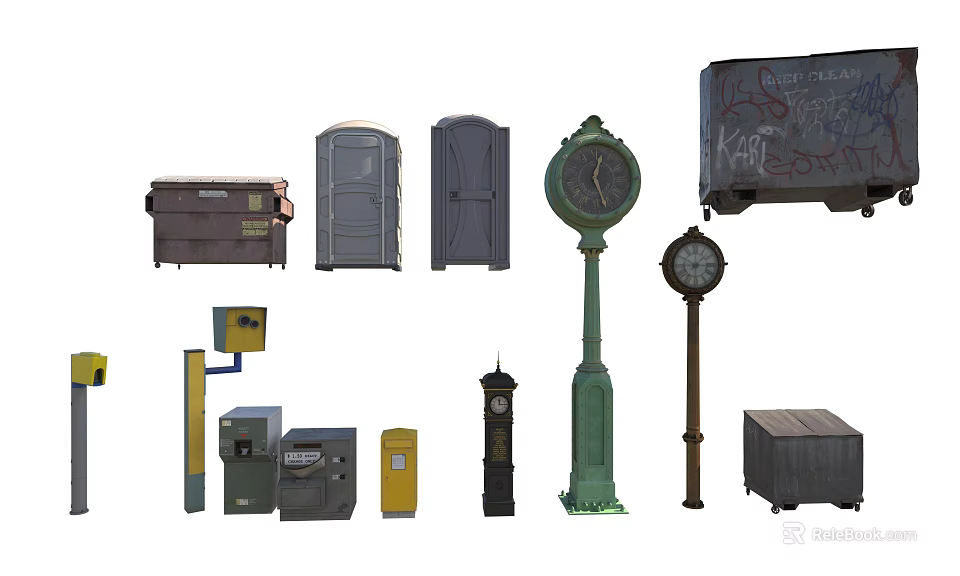 Urban Billboard With Graffiti Vintage Clock Lamp Post And Trash Can Elements 3d model