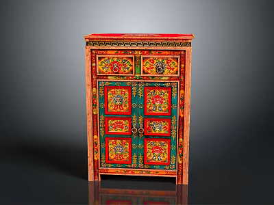Traditional Wooden Cabinet With Colorful Painted Design Intricate Patterns And Decorative Doors 3d model