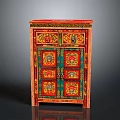 Traditional Wooden Cabinet With Colorful Painted Design Intricate Patterns And Decorative Doors