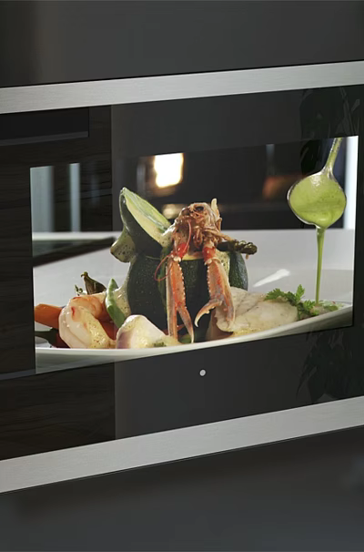 Modern Built-in Kitchen Appliances With Dark Cabinets Display Screen Showing Delicate Dishes And Green Ornament 3d model