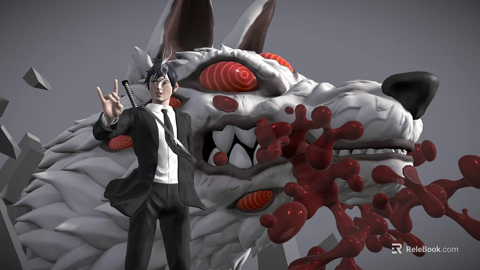 Stylish Game Movie Character In Business Suit With Giant Wolf Creature Red Eyes And Tentacles 3d model 