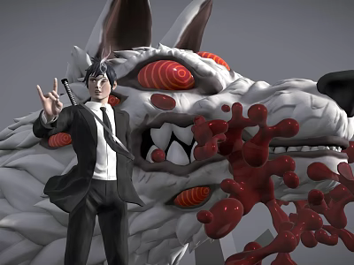 Stylish Game Movie Character In Business Suit With Giant Wolf Creature Red Eyes And Tentacles 3d model