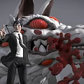 Stylish Game Movie Character In Business Suit With Giant Wolf Creature Red Eyes And Tentacles
