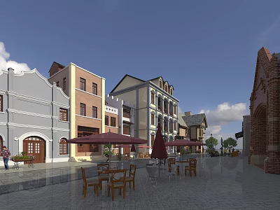 Charming European Style Commercial Street with Colorful Buildings Outdoor Seating Umbrellas and Stone Pavement 3d model