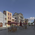 Charming European Style Commercial Street with Colorful Buildings Outdoor Seating Umbrellas and Stone Pavement