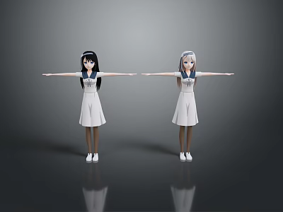 Two Women in Nurse Uniforms Standing with Arms Outstretched Against Gray Background 3d model