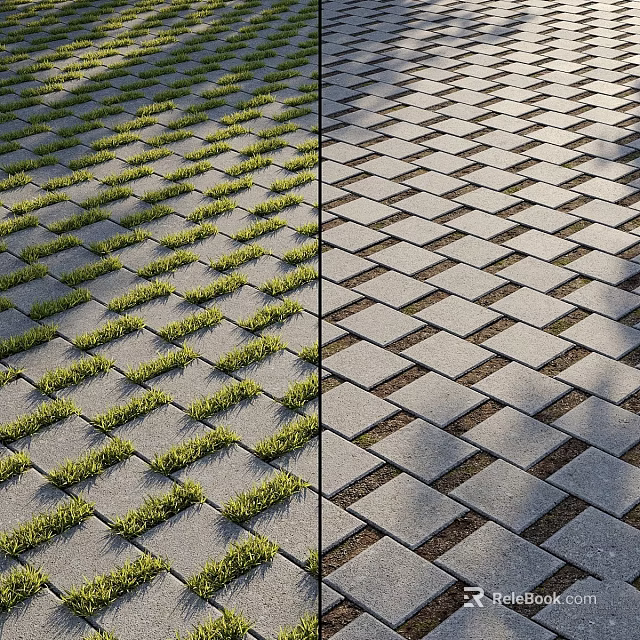 Grid Pattern Ground Design With Grass And Stone Pavers For Outdoor Areas 3d model 