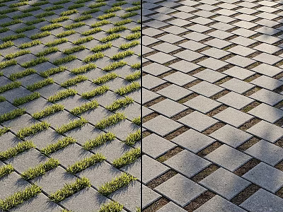 Grid Pattern Ground Design With Grass And Stone Pavers For Outdoor Areas 3d model