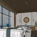 Luxury SPA Sauna Interior With Massage Beds Wooden Decor City View And Green Plants