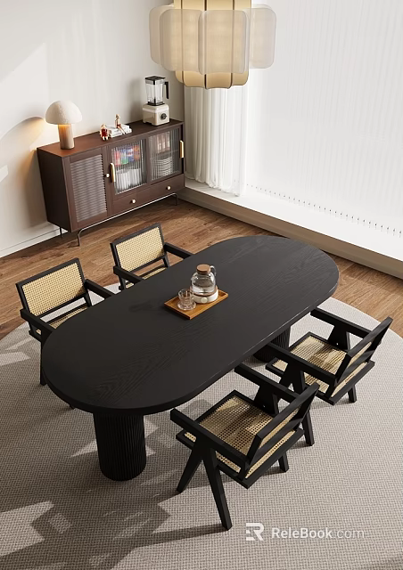 Black Oval Dining Table Set with Four Woven Seat Chairs Tray Glass Kettle Wooden Floor 3d model 