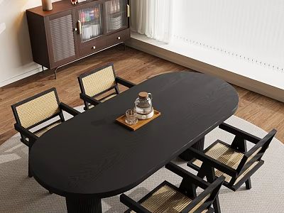 Black Oval Dining Table Set with Four Woven Seat Chairs Tray Glass Kettle Wooden Floor 3d model