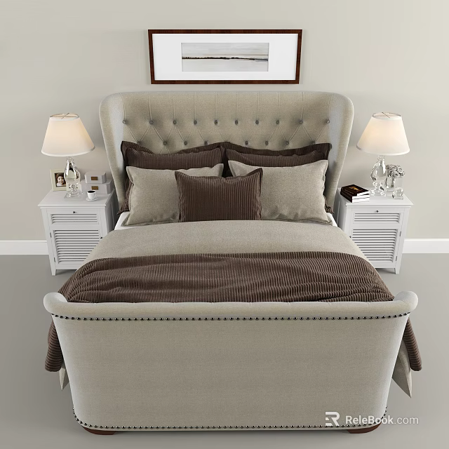 Double Bed Featuring Beige Tufted Headboard White Nightstands And Table Lamps 3d model