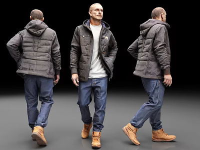 A Man Wearing Black Jacket White Inner Blue Jeans And Brown Boots From Different Angles 3d model