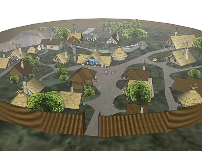 Ancient Village Scene With Thatched Roof Houses Circular Fence Trees Central Area And People 3d model