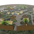 Ancient Village Scene With Thatched Roof Houses Circular Fence Trees Central Area And People